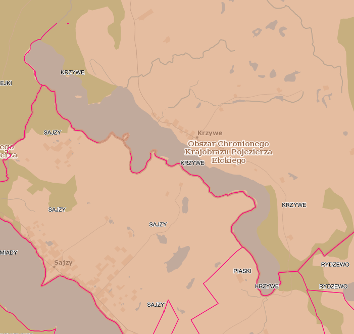 Widok mapki z zaznaczonym Obszarem Chronionego Krajobrazu Pojezierza Ełckiego